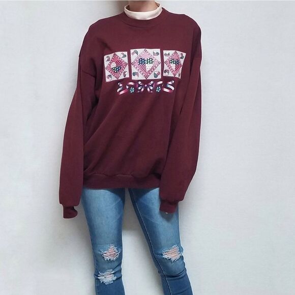 VINTAGE 80s Santee Pluma Maroon Hearts Sweatshirt - Picture 2 of 13